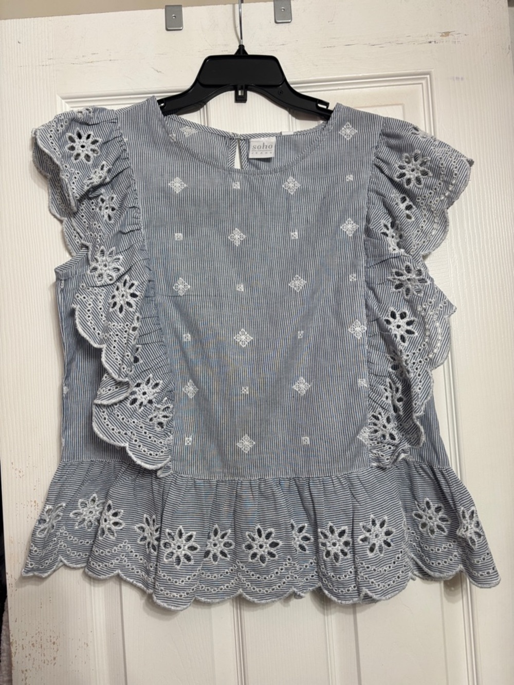 New York & Company Blue and White Eyelet Ruffle Blouse